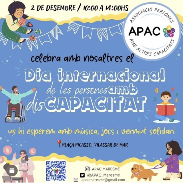 Ja tenim aquí el cap de setmana i us volem proposar un pla per gaudir en família. 

L'Associació @altres_capacitats celebra el Dia Internacional de les persones amb disCapacitat amb un matí de música, jocs i vermut solidari. 

👉🏻 Nosaltres hi serem presents amb els Jocs d'en Santi! 😃🎲 Us hi esperem! 😊

📅 Dissabte 2 de desembre.
⏰ De 10 a 14 h.
📍 Plaça Picasso, Vilassar de Mar.

#diainternacionalpersonesdiscapacitat #diainternacionaldiscapacidad #jocsdensanti #fundacióelmaresme #inclusió #personesambdisCapacitat