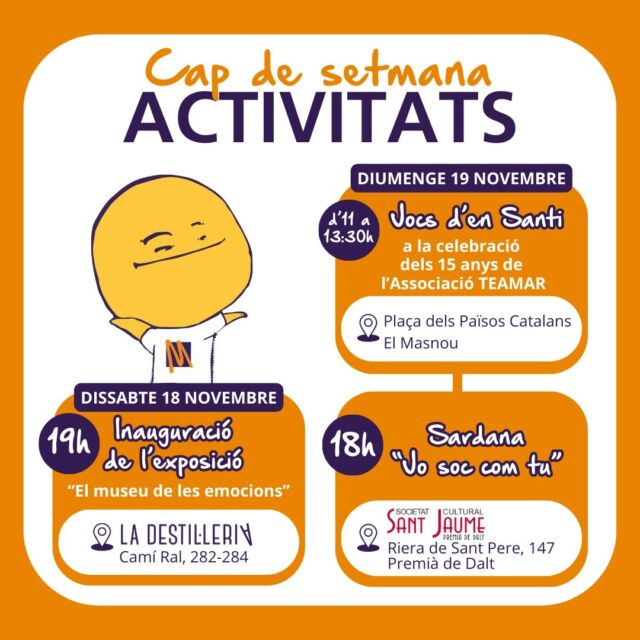📆 Aquest cap de setmana arriba amb un programa d'activitats intens i molt interessant! 
🎨🎲🎶 Art, jocs infantils, ball... t'apuntes? 😊

#fundacióelmaresme #jocsdensanti #josoccomtu #sardana #culturainclusiva #exposició #mataró #activitatscapdesetmana #inclusiósocial #elmuseudelesemocions #sardanajosoccomtu